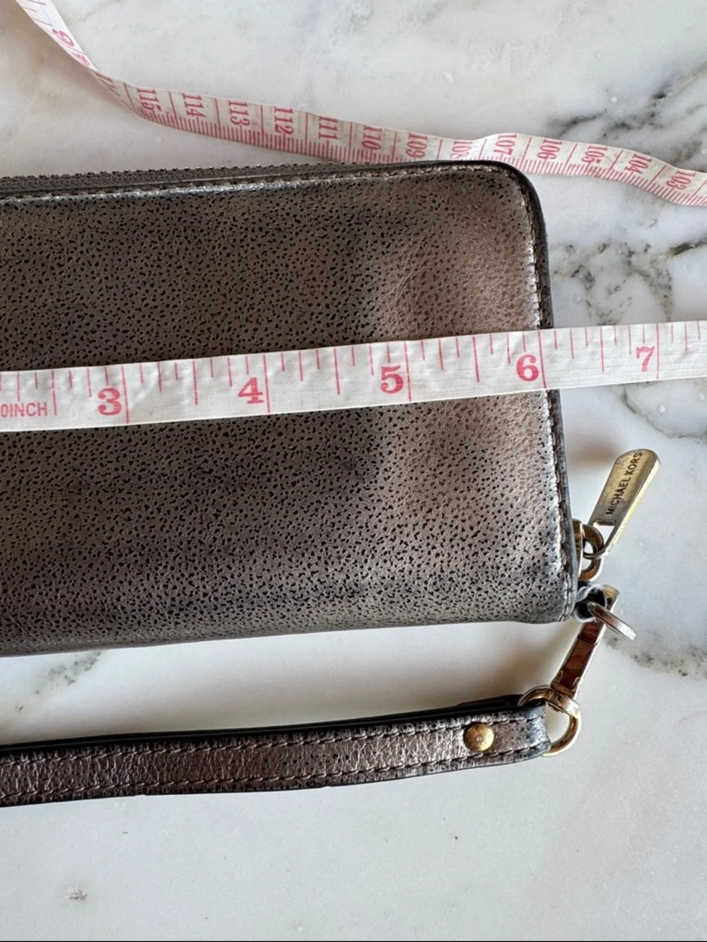 Michael Kors Metallic Pewter Leather Zip Around Wristlet Wallet Gold Hardware